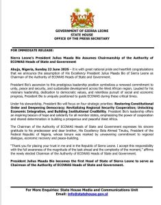 Press Release: Sierra Leone’s President Julius Maada Bio Assumes ECOWAS Chairmanship, Making History For Sierra Leone