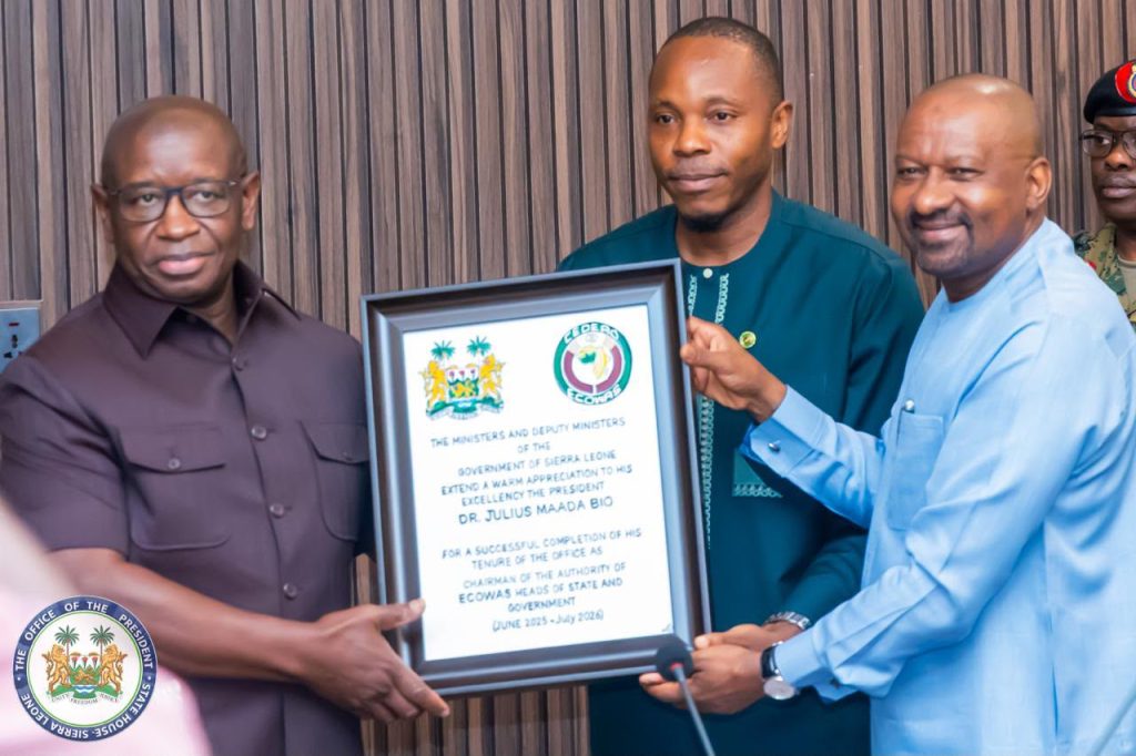 State House, Freetown, Wednesday, 22 July 2026 - Members of Sierra Leone's Cabinet surprised His Excellency President Dr. Julius Maada Bio with a special tribute during a Cabinet meeting, celebrating his successful tenure as Chairman of the Authority of ECOWAS Heads of State and Government from June 2025 to July 2026 and recognising his outstanding leadership in elevating Sierra Leone's profile on the regional and international stage.